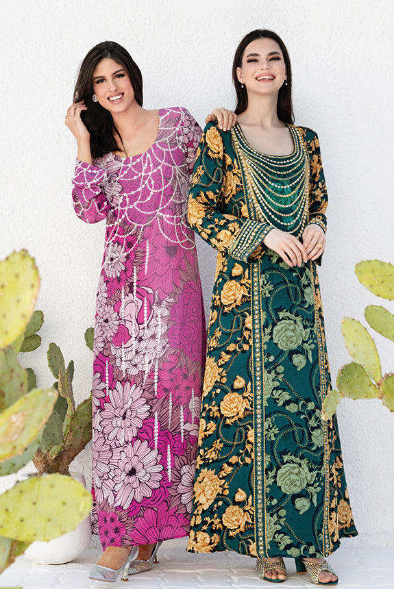 Women In Kashkha Floral Jalabiyas With Intricate Patterns