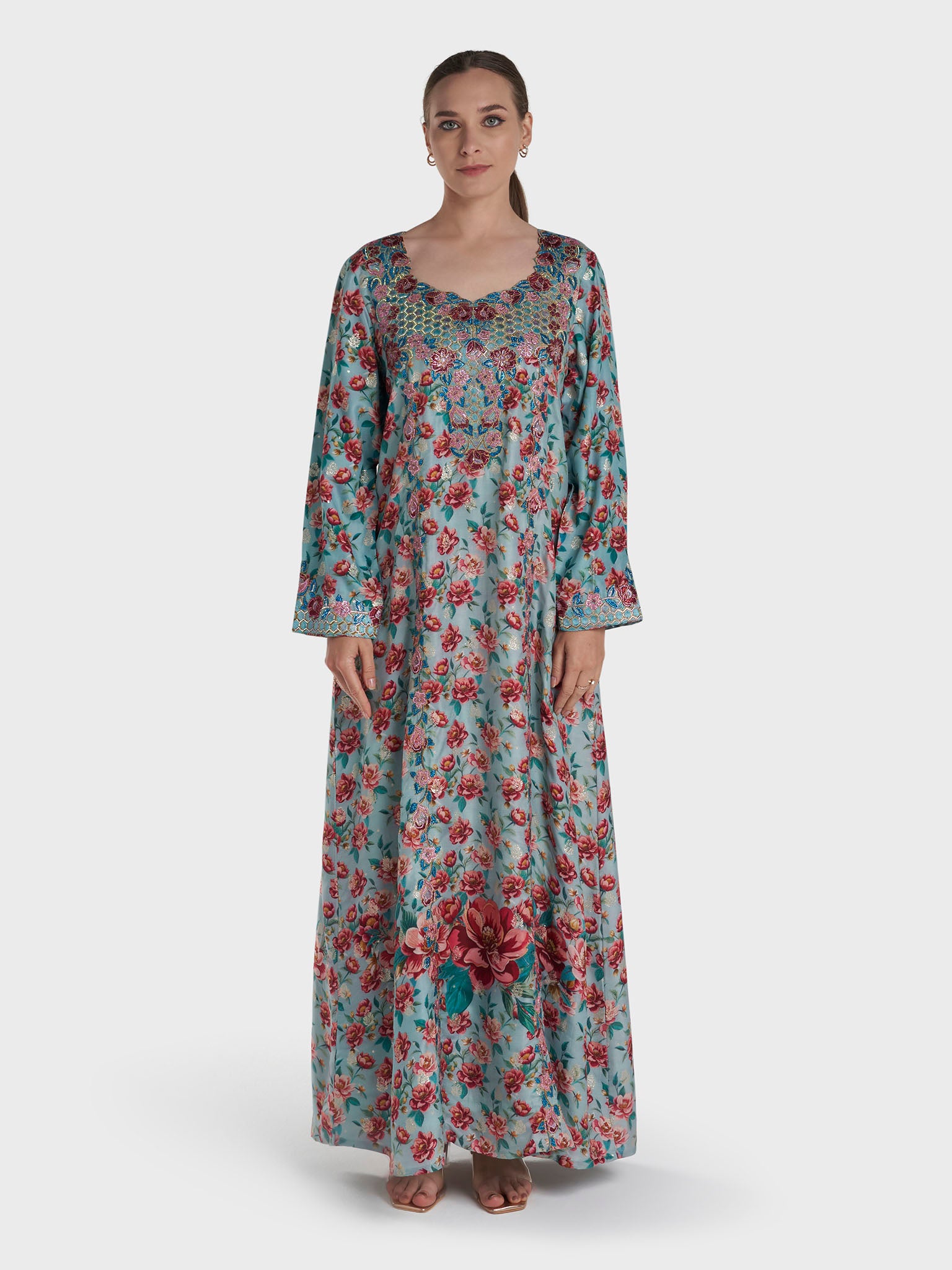 Aqua Green Colour Stone Work Viscose Crepe Floral Printed Jalabiya (VG3124B)