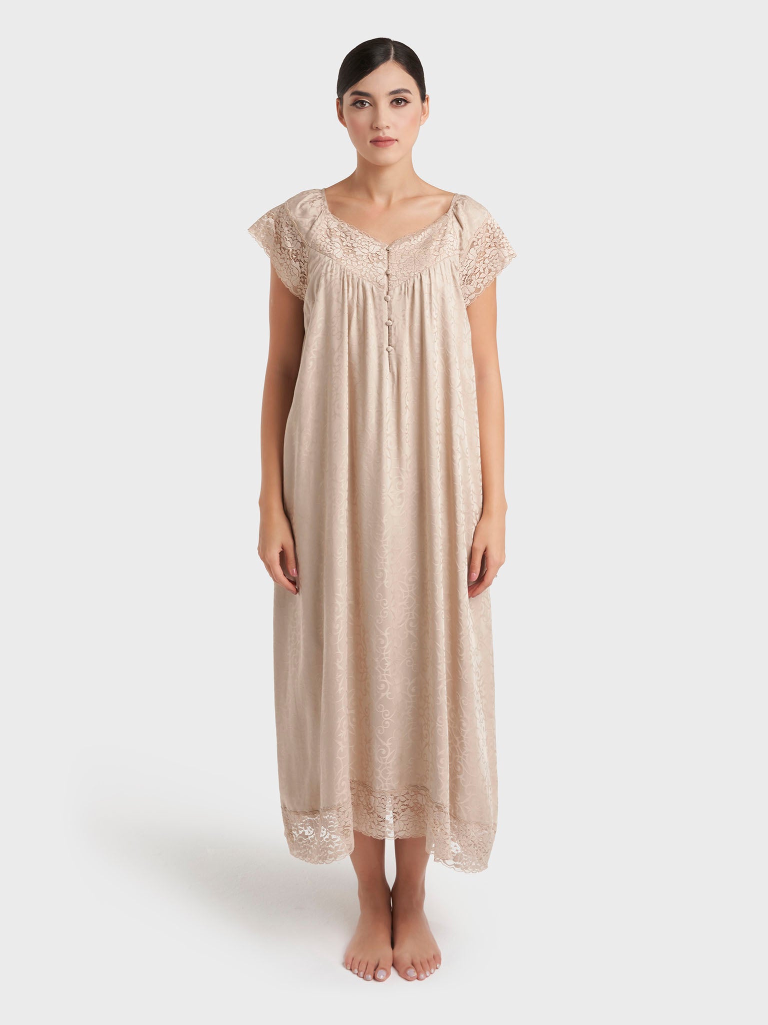 Dark Beige Jacquard Print Rayon Mini Nightwear Dress (CNH490)