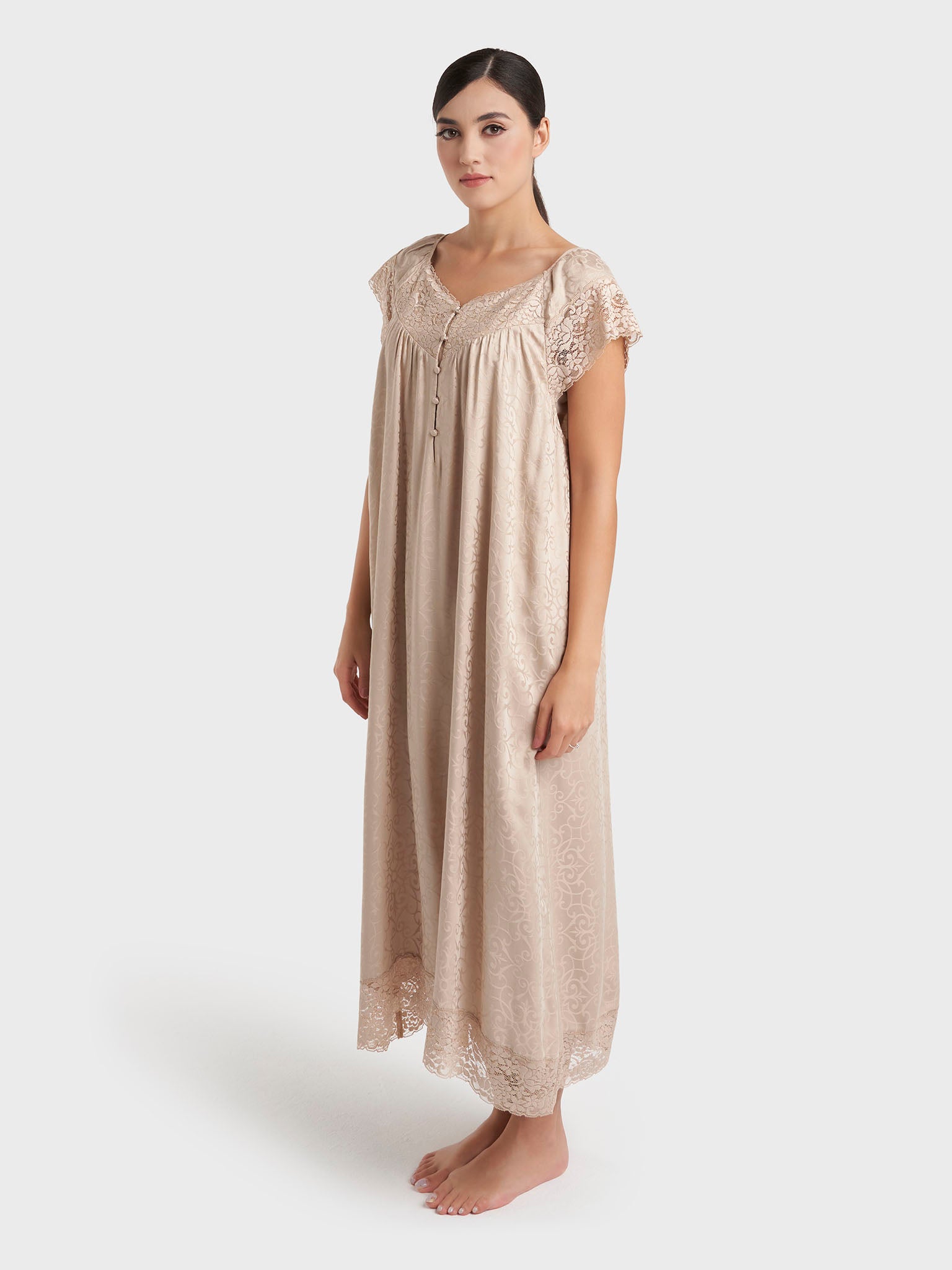 Dark Beige Jacquard Print Rayon Mini Nightwear Dress (CNH490)