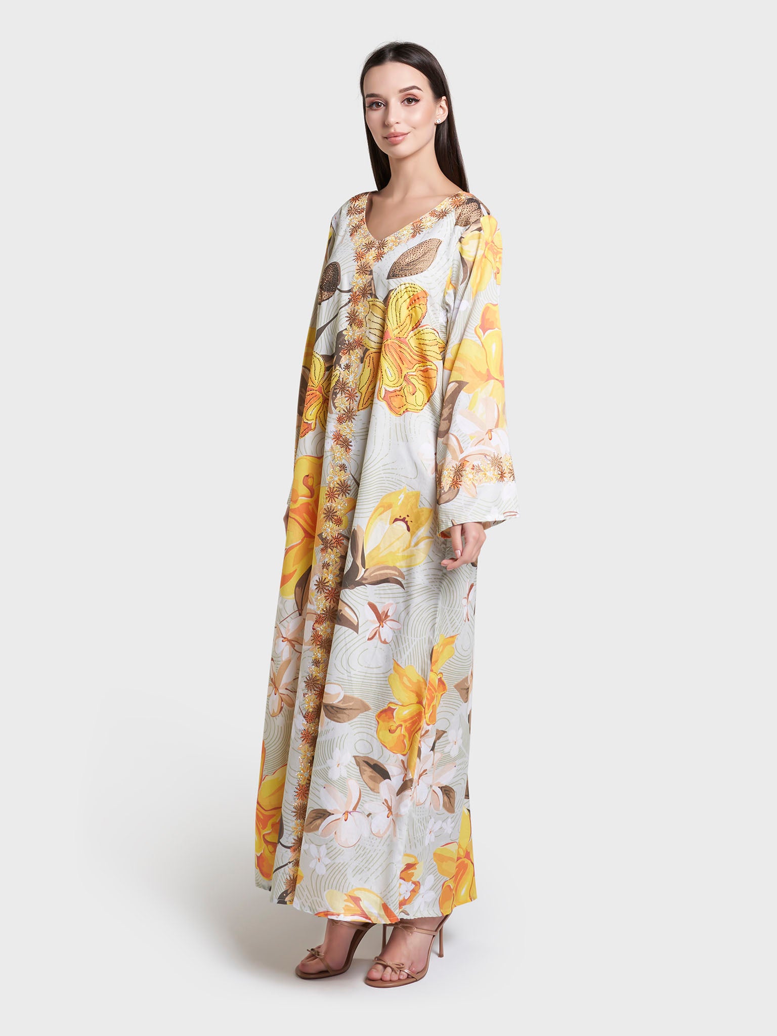 Multi Floral Print Stone Work Cotton Satin Jalabiya (VDC120)