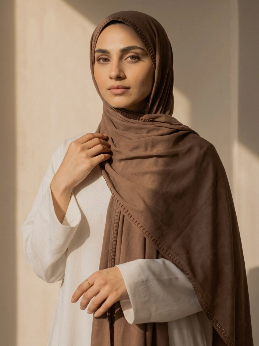Woman wearing a brown hijab and white outfit against a beige background